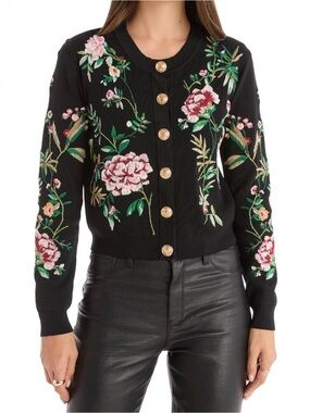 Noli Black Floral Embroidered Cardigan with Gold Buttons